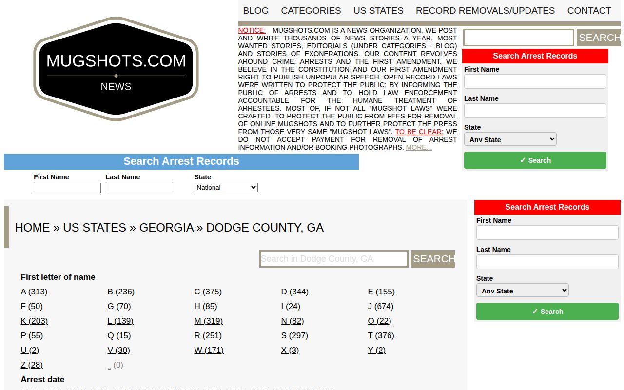Unofficial Mugshots.com Dodge County Georgia archive documenting historical arrest records