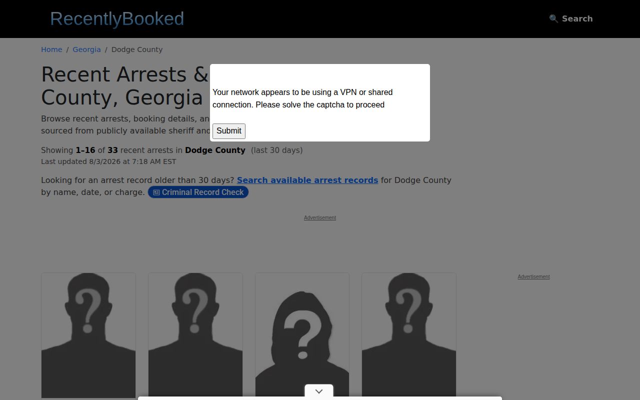 Unofficial RecentlyBooked Dodge County Georgia archive for secondary booking-record leads